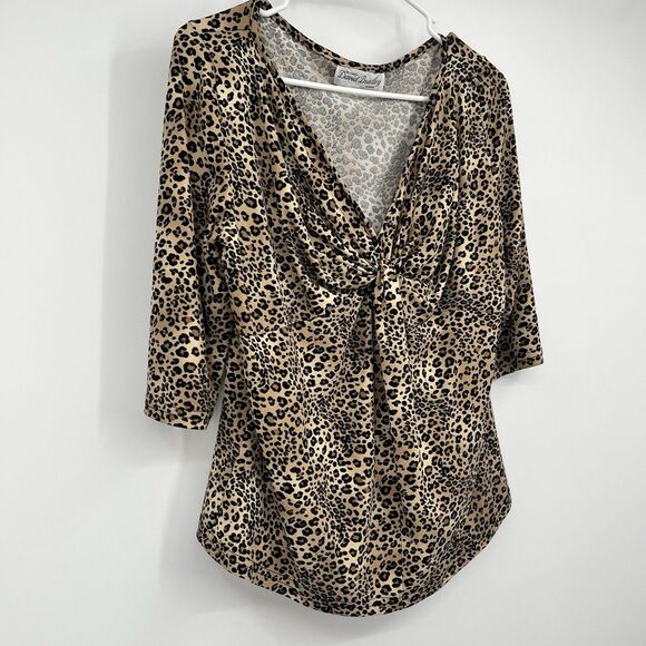 Womens VTG Animal Print Y2K Blouse L 3/4 Sleeves Vneck Cheetah Casual Rockabilly - Picture 2 of 9